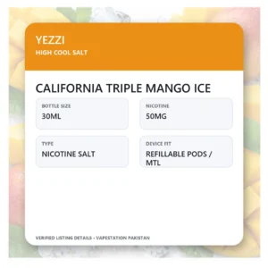 YEZZI High Cool Salt California Triple Mango Ice verified specifications: 30ml, 50mg
