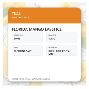 YEZZI High Cool Salt Florida Mango Lassi Ice verified specifications: 30ml, 50mg