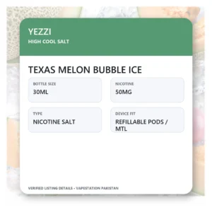 YEZZI High Cool Salt Texas Melon Bubble Ice verified specifications: 30ml, 50mg