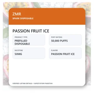 ZMR Spark Disposable Passion Fruit Ice verified specifications: 50,000 Puffs, 50mg