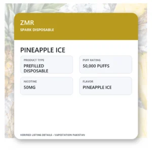ZMR Spark Disposable Pineapple Ice verified specifications: 50,000 Puffs, 50mg