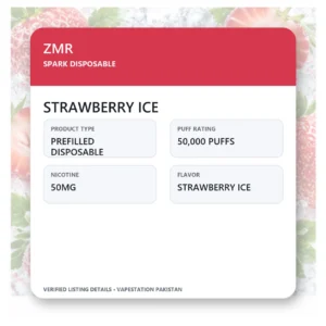 ZMR Spark Disposable Strawberry Ice verified specifications: 50,000 Puffs, 50mg