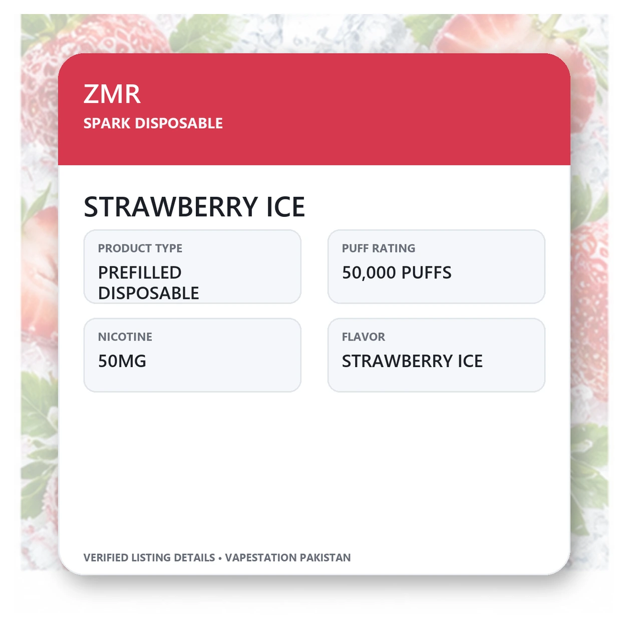 ZMR Spark Disposable Strawberry Ice verified specifications: 50,000 Puffs, 50mg